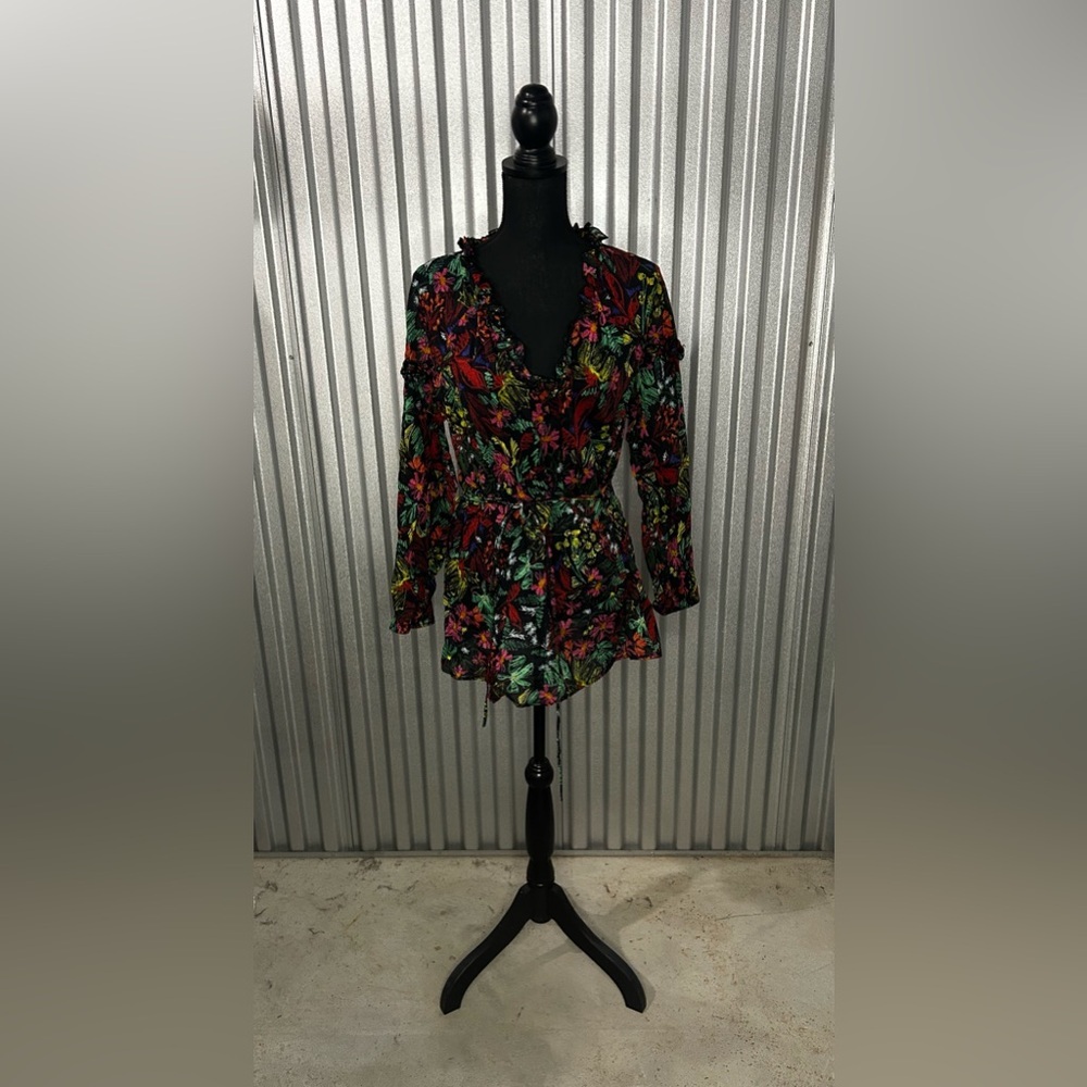 Women’s Escada Sport Black Multicolor Floral Long Sleeve Blouse Designer Size 40